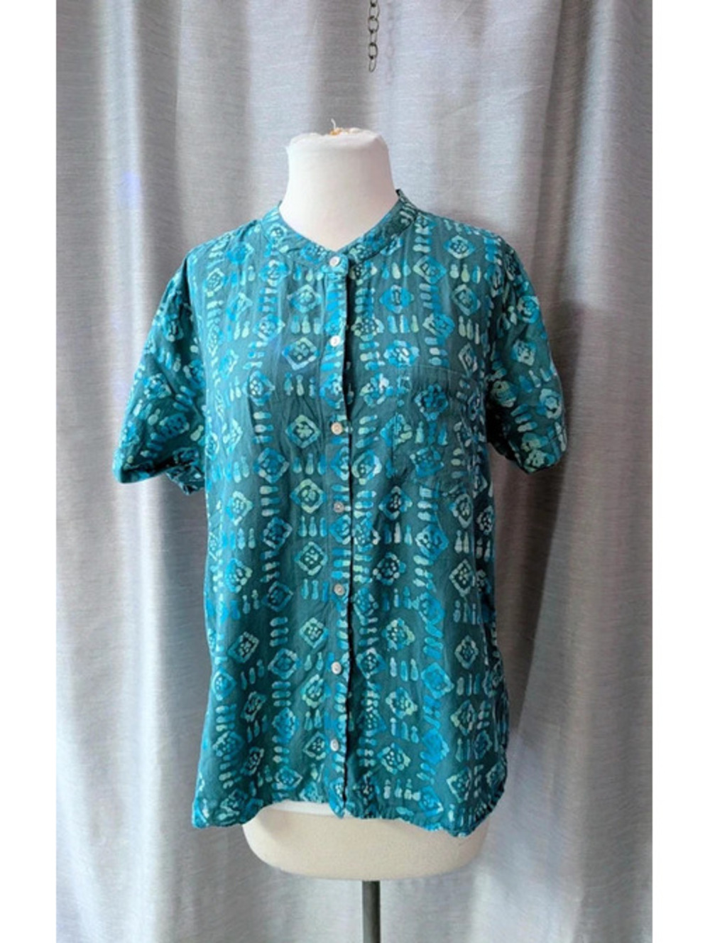 Orvis Green Blue Batik Cotton Shirt M